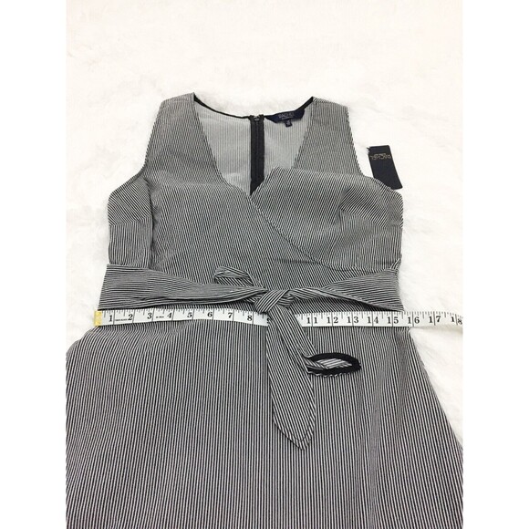 Rachel Roy Dress Navy Blue Striped Faux-Wrap Size 12 Ruffle Waist Tie Sleeveles - Picture 7 of 9